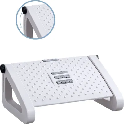 A white adjustable footrest for office or home use, shown from a slight angle.