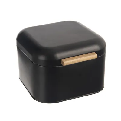 A black bread bin with a wooden handle on a white background.