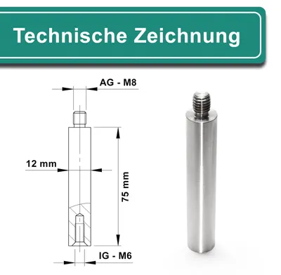 Productafbeelding van Verbindingspen leuningsteun - Roestvrij staal V2A - 75 mm - Ø 12 mm