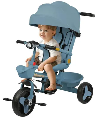 Produktbild von Kinder Dreirad - Buggy Dreirad - ab 10 Monaten - drehbarer Sitz - klappbar - Sonnendach mit Verdeck - Becherhalter und Korb - 20 kg Tragkraft - blau