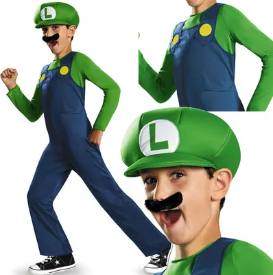 A child wearing a Luigi costume, shown in a full-body shot and a close-up of the face.