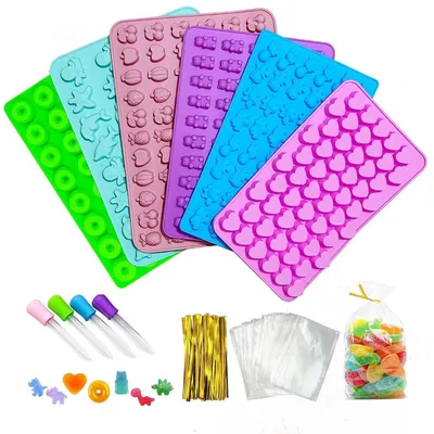 Produktbild von Silikonformen Gummibärchen Set 6 Stück mit Pipetten & Bonbontüten für Süßigkeiten & Schokolade