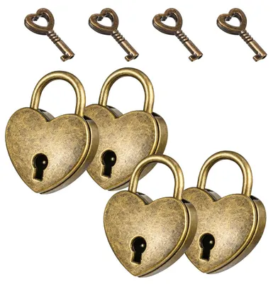 Produktbild von 4er Set Mini-Vorhängeschloss in Herzform – kleine Liebesschlösser aus Metall mit Schlüssel – vintage, für Schrank, Schmuckkästchen & Tagebuch