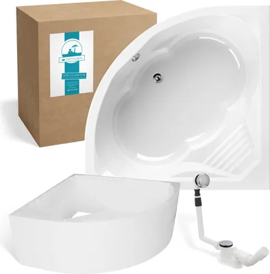 Produktbild von Calmwaters® Eckbadewanne Komplettset 150x150 cm mit Wannenträger, Acrylwanne Curved Wellness, Ab- & Überlaufgarnitur, Duowanne für 2, Sitzbadewanne, Set Sitz-Badewanne komplett, Weiß, 99000091