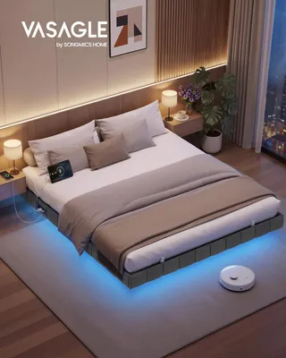 Obrázek produktu pro VASAGLE Rám postele 160 x 200 cm, s LED osvětlením, postelový rám, efekt vznášení, zásuvková lišta, šedá