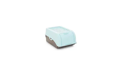 A light turquoise and gray pet litter box with a perforated lid is shown against a white background.