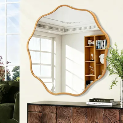 Zdjęcie produktu dla Okrągłe, faliste lustro ścienne, złote, 60 cm, metalowa rama, nowoczesne