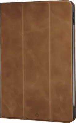 A brown leather tablet case is shown from a slightly angled side view.