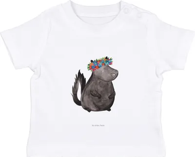 Produktbild von Mr. & Mrs. Panda  T-Shirt Stinktier Mädchen 0. - 6. Monat - Weiß - Geschenk, Baby, Wildtier, Kleinkind Shirt, Baumwollshirt, Stinker, Raubtier, Babyshirt, Yoga, Kinder