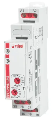 Produktbild von Zeitrelais, Zeitschaltuhr, 8 A, 2 Kontakte, 2 Wechsler, 12...240VAC/DC, 8 Zeitbereiche für Hutschiene RPC-2WU-A230