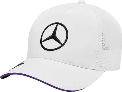 A white Mercedes AMG Petronas Lewis Hamilton cap with a black Mercedes logo on the front and a purple trim on the brim.