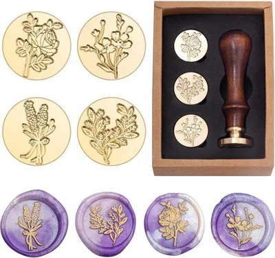 Produktbild von Famanu Wachssiegelstempelset - Botanische Motive - Rose, Lavendel, Eukalyptus