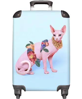 Obrázek produktu pro NoBoringSuitcases.com® Kufr Příruční zavazadlo Trolley Rolling suitcase Malý cestovní kufr na 4 kolečkách - Cat - Flowers - Gold chain - Blue - Cabin Size < 55x40x23 cm & 55x40x20 cm - Foto kufr - Cabin suitcase - Board luggage - Kids suitcase - Kids trolley.