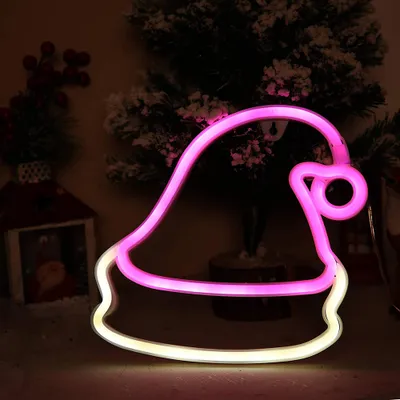 Image de Enseigne LED néon Bonnet de Noël rouge/blanc 24 x 22 cm - Décoration festive - USB et piles