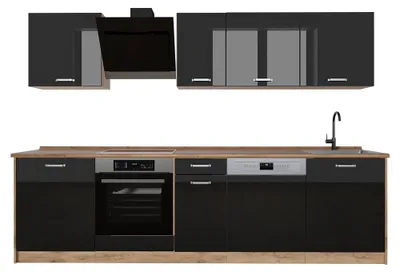 Immagine prodotto di Cucina componibile Vicco R-Line Nero lucido/Rovere dorato 280 cm senza piano di lavoro, Model 66401
