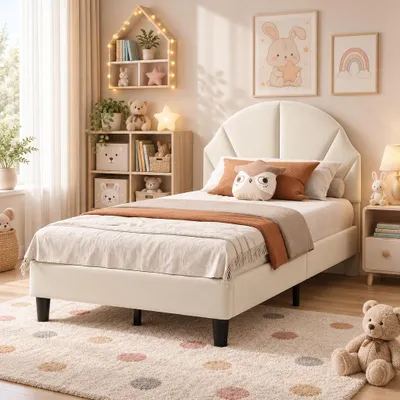 Image de INONEFT Lit simple 90x190 cm, lit pour enfant. Lit rembourré avec sommier à lattes, lit pour adolescent avec repose-tête réglable, idéal pour une chambre d'enfant (beige)