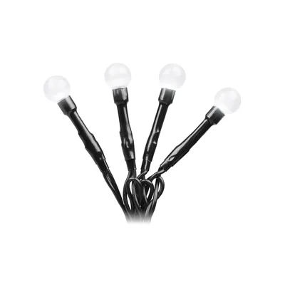 A string of four white LED lights with black wires against a white background.