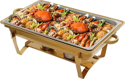 Zdjęcie produktu dla Podgrzewacz bufetowy – zestaw naczyń do podgrzewania potraw – 4 sztuki – pojemność 11 l – stal nierdzewna – 53,5 × 33,5 × 6,5 cm – z 4 szczypcami – żółty