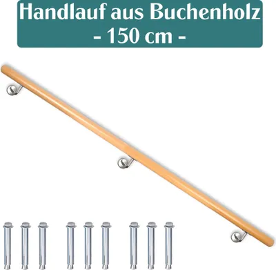 A wooden handrail with metal brackets and screws on a white background.