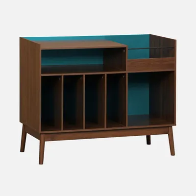 Produktbild von sweeek - Zweifarbiger Vintage Schallplattenschrank mit Holzdekor und farbigem Hintergrund 100cm - Blau