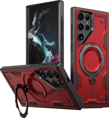 Immagine prodotto di Custodia a doppio strato per Samsung Galaxy S22 Ultra, custodia protettiva militare magnetica con anello in metallo e supporto Rosso