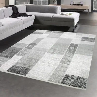 Zdjęcie produktu dla Designerski dywan do salonu z wełny w kolorze szaro-kremowym Rozmiar - 80 x 300 cm
