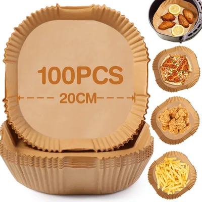 Image de Papier sulfurisé pour friteuse à air, 20 cm, 100 feuilles, papier antiadhésif, pour friteuses à air de 5 à 8 litres, papier de cuisson jetable