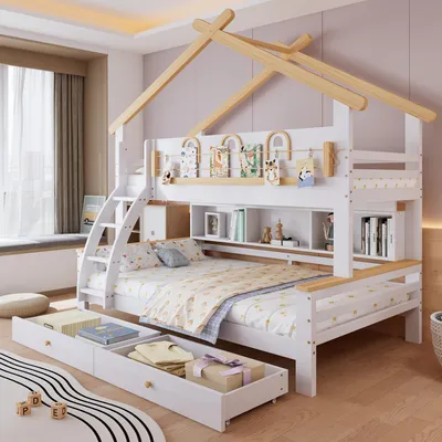 Produktbild von Flieks Etagenbett 90x200cm/120x200cm, Kinderbett Hausbett mit 2 Schubladen und Regal, Hochbett Holzbett Stockbett mit Lattenrost, Naturbelassen