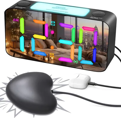 Produktbild von Extrem lauter Vibrationswecker mit Bettvibrationsfunktion für Gehörlose, Tiefschläfer und Hörgeschädigte, RGB-Digitaluhr für Kinderzimmer, große Ziffern, USB-Ladeanschluss, Nachtlicht, Speicherfunktion bei Stromausfall,black