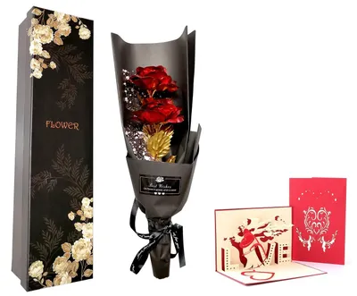 Kunstrosen-Bouquet, 2 rote Rosen, Goldfolie, Geschenkbox, handgefertigt