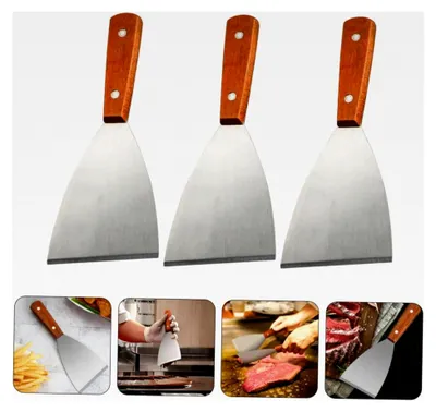 Produktbild von 3 Stück Edelstahl-Grillspachtel mit Holzgriff, Grillreiniger für Grillplatten, Küchenspatel als Steakwender, praktisches Kochwerkzeug für Zuhause und Gastronomie