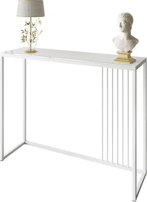A white console table with a lamp and a bust on top, set against a white background.