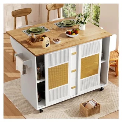 Produktbild von Freistehender Buffetschrank, 120x73(45)x93cm, Ausziehbarer Küchenwagen mit Rollen, Handtuchhalter, Gewürzregal, Verstellbare Einlegeböden, Weiß