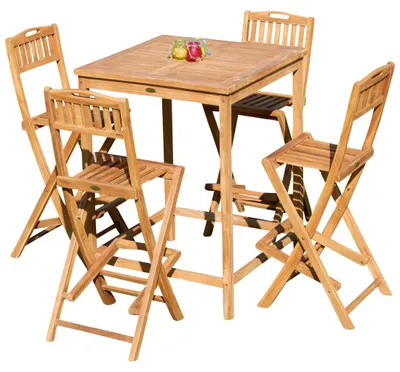 Produktbild von ALEOS. XXL BAR-SET - TEAK Bartisch Bistrotisch Stehtisch 80x80cm mit 4x Barhocker klappbar Holz BIMA-SET80+4KLAPP