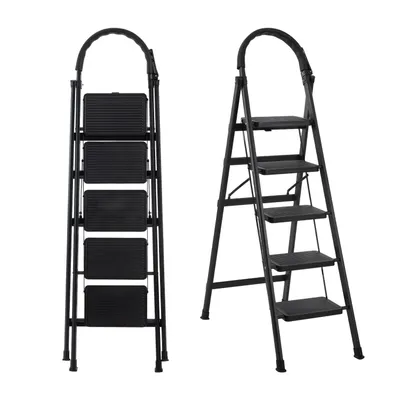 Image de Échelle pliante SevenComfort à 5 marches, supportable jusqu'à 150 kg, avec loquet de sécurité, poignée antidérapante, porte-outils, échelle ménagère, noire