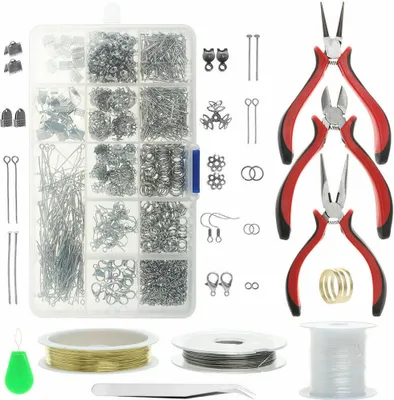 A flat lay of a jewelry making kit, including tools, findings, and wires, arranged on a white background.