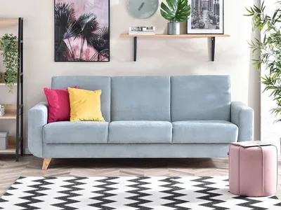 Zdjęcie produktu dla Sofa rozkładana HOLMARA - niebieski / buk