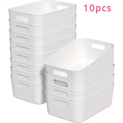 Immagine prodotto di 10 cestini bianchi, contenitori, impilabili, in plastica, adatti per ufficio, cucina, garage, lavanderia.