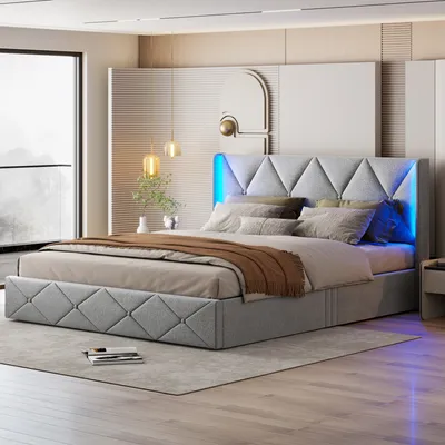 Image de Lit Coffre 140x200 Cm, Tête De Lit Avec LED, Lit Double Avec Sommier à Lattes,velours,beige