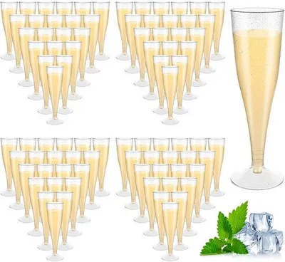Image de Ensemble de 100 verres à champagne en plastique réutilisables Unyqoos®, transparents avec des paillettes argentées, avec des tiges longues et robustes, empilables, idéaux pour les occasions festives