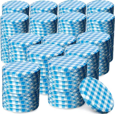 Produktbild von KADAX Einmach-Deckel Set aus Metall "Virbo", mit 6 Einrastzähnen, Blau kariert, 82 mm, 200 Stück
