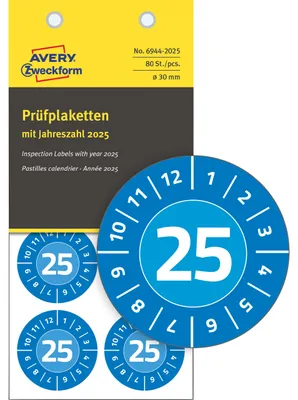 Produktbild von Avery Zweckform 6944-2025, Prüfplaketten, ? 30 mm, 10 Bögen, blau