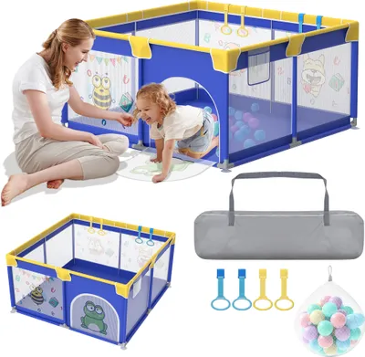 Obrázok produktu pre XMTECH ohrádka pre deti 127x127cm, ohrádka pre deti ohrádka pre deti, ohrádka s priedušnou sieťovinou, robustný bezpečnostný hrací dvor vrátane 50 oceánskych loptičiek a 4 ťahacích krúžkov (modrá s motívmi zvierat)