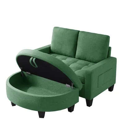 Zdjęcie produktu dla Dwuosobowa sofa z funkcją rozkładania BEALIFE, wymiary 130x72x87 cm | Z pufą z miejscem do przechowywania | Zielona | AR59