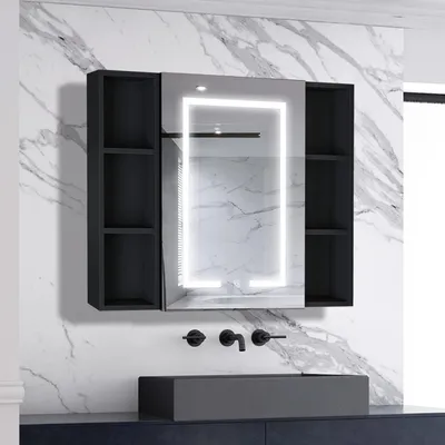 Produktbild von AICA LED Spiegelschrank mit Seiteschrank 90x70cm Hochglanz Schwarz Touch/Wandschalter Beschlagfrei 3 Lichfarbe Dimmbar Spiegelschrank mit Steckdose