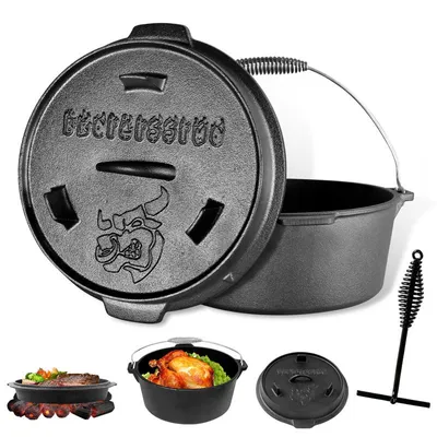 Produktbild von Dutch Oven 4,2 L, Gusseisen, 27x26,5x15,5 cm, Mit Deckelheber Deckel als Grillplatte; 6mm Wandstärke; Inkl. Deckelheber & Haken; Für Grill/Ofen/Feuer;