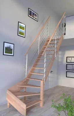 Produktbild von Holztreppe Rhodos in 1/4 gewendelter Ausführung rechts-Buche-Design Geländer Edelstahl-beidseitig-ohne Setzstufen