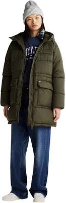 Productafbeelding van Tommy Jeans dames donsjas, model midi puffer met capuchon, groen (fatiguegroen), maat XXS