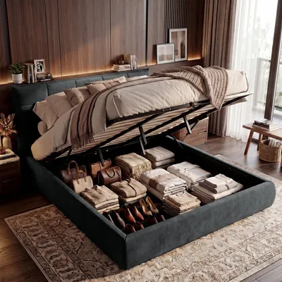 Produktbild von CLP Bett Mirka 180x200 cm Lattenrost mit Lift-Mechanismus für Stauraum bis 300 kg dunkelgrau