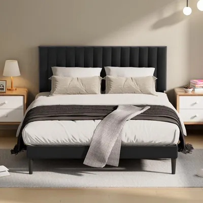 Produktbild von Bettgestell 140 x 190 cm, Belastbarkeit 500 kg, 22 cm Staufach, Doppelbett, gepolstert mit Holz und Metall, Plattformbett, leise, stabil